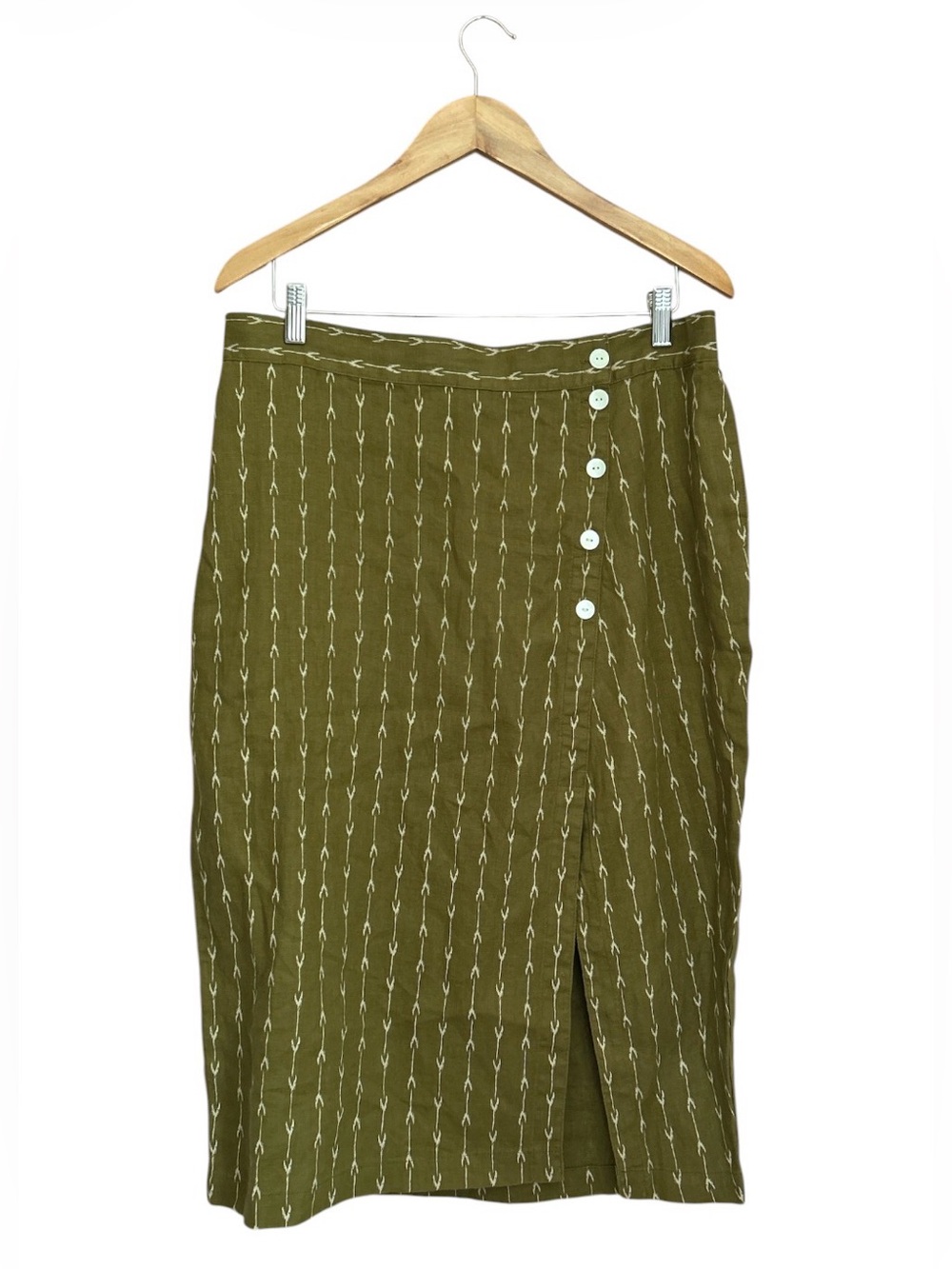 Garnet Hill Kona Linen Skirt Olive Green Geometric Midi Front Split Size L - Picture 2 of 13